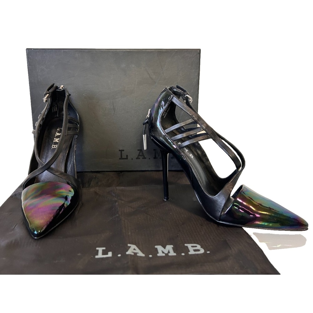 L.A.M.B Gwen Stefani G2238 Patent Leather Point Toe Boston Heel Black Size 6 EUC